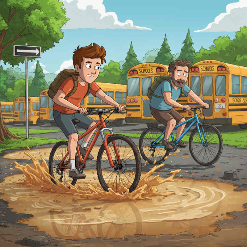 Cartoon picture of a kid splashing his dad as he rides through a puddle