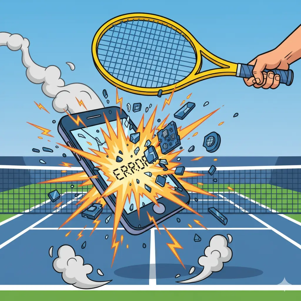 Playing Tennis with a broken phone with text saying "ERROR"